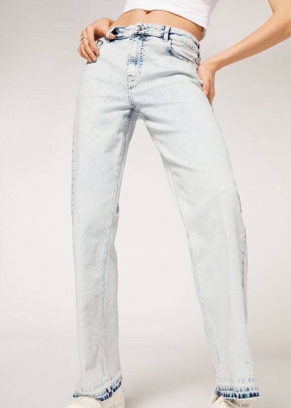 Women's Calzedonia Wide-Leg Frayed Jeans Blue | IE2618ZG