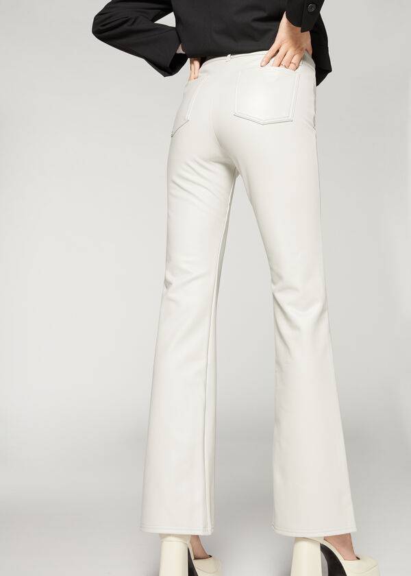 Women's Calzedonia Zip and Button Coated Thermal Flared Leggings White | IE2711NB