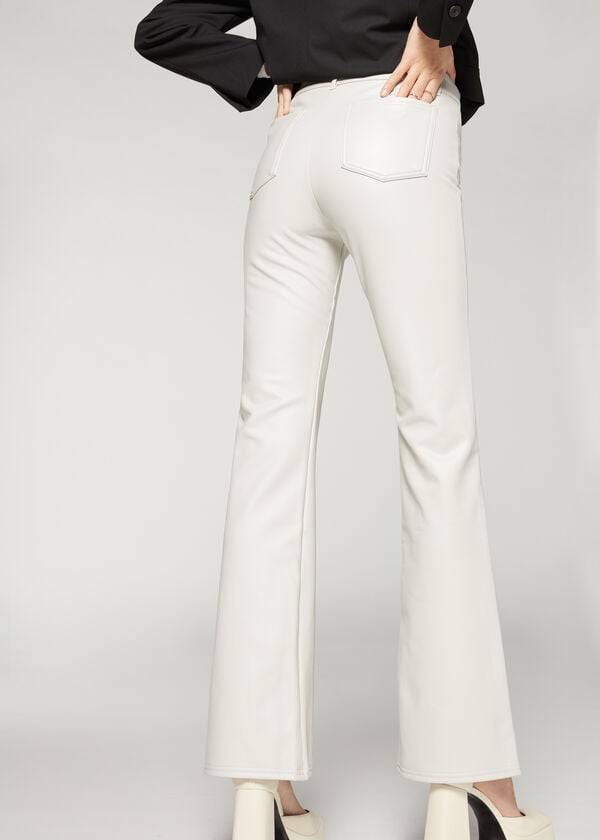 Women's Calzedonia Zip and Button Coated Thermal Flared Pants White | IE2744PQ