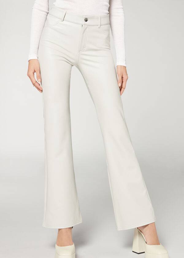 Women\'s Calzedonia Zip and Button Coated Thermal Flared Pants White | IE2744PQ